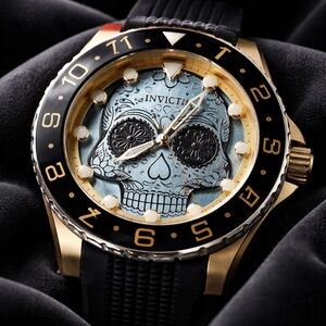 Invicta Men’s Gold and Black Skull Dial Watch